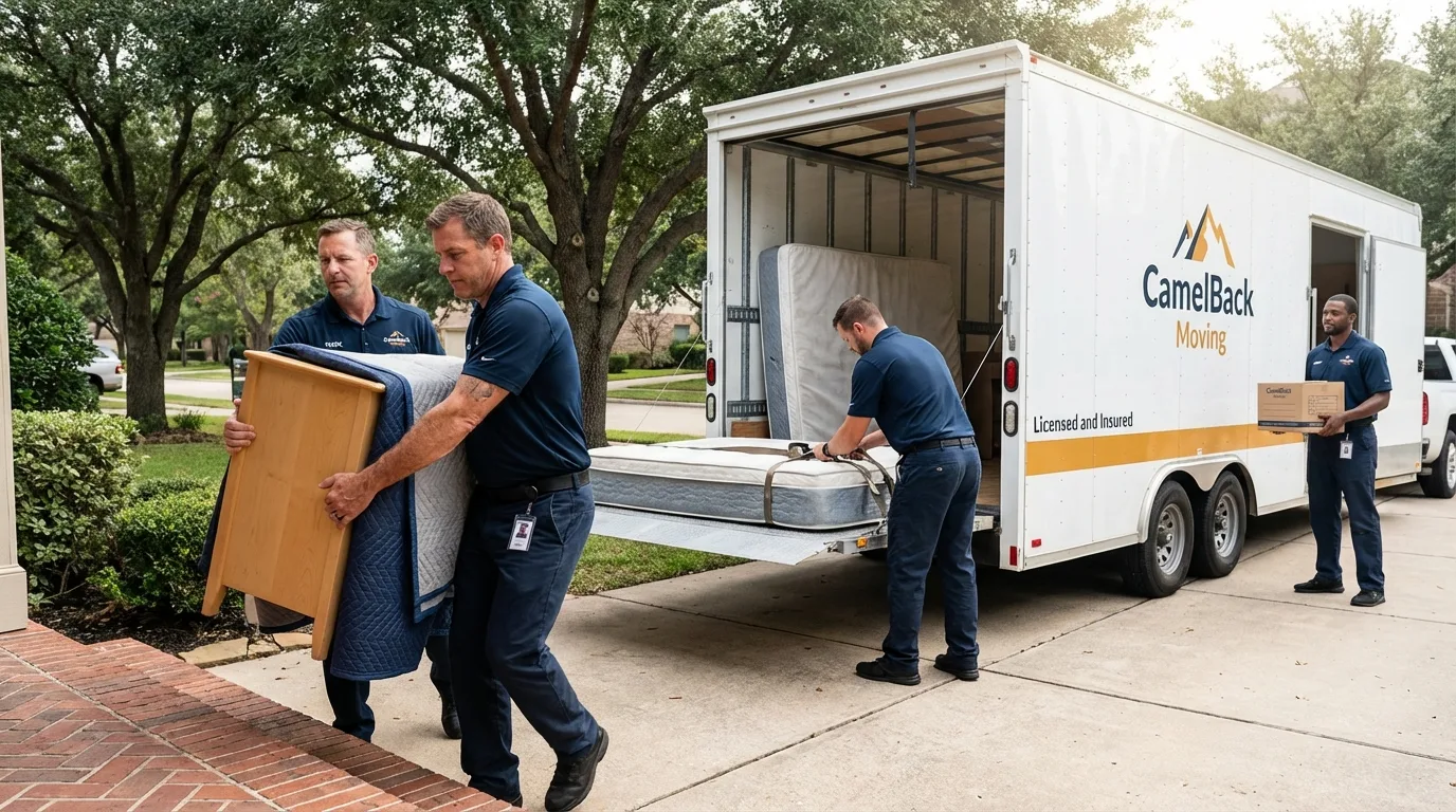 Crew loading residential truck for cross-state move from Le Roy, NY