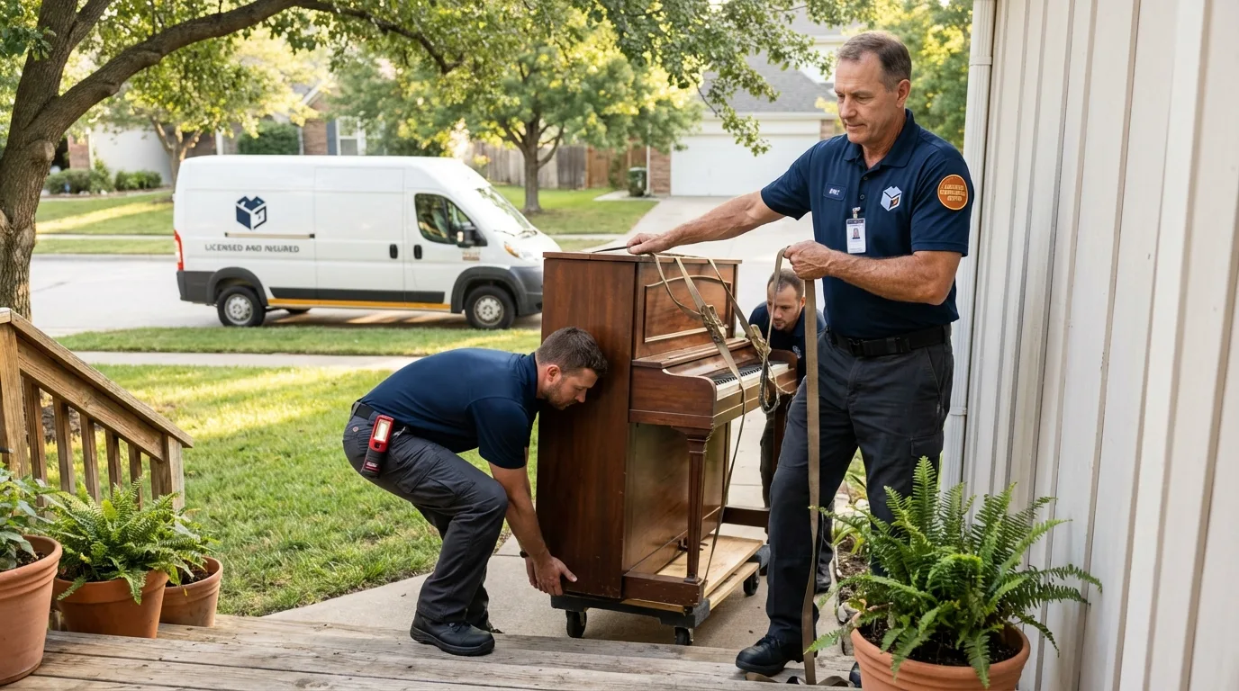 Licensed piano movers securing grand piano in Le Roy, NY
