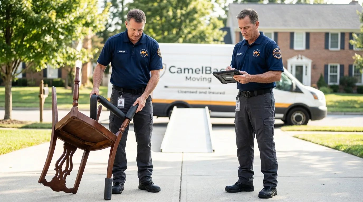 Movers inspecting furniture for damage prevention before loading in Le Roy, NY
