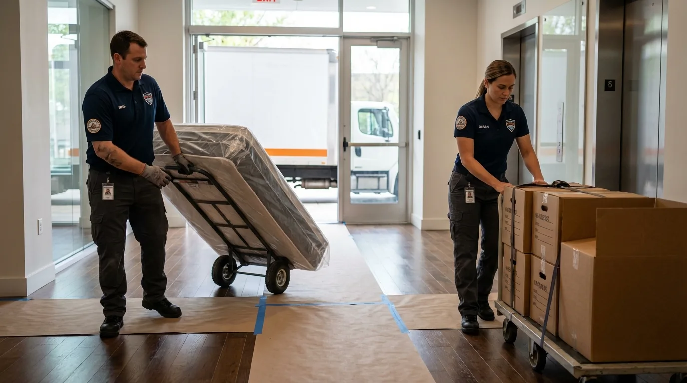 Professional apartment movers loading elevator in Le Roy, NY