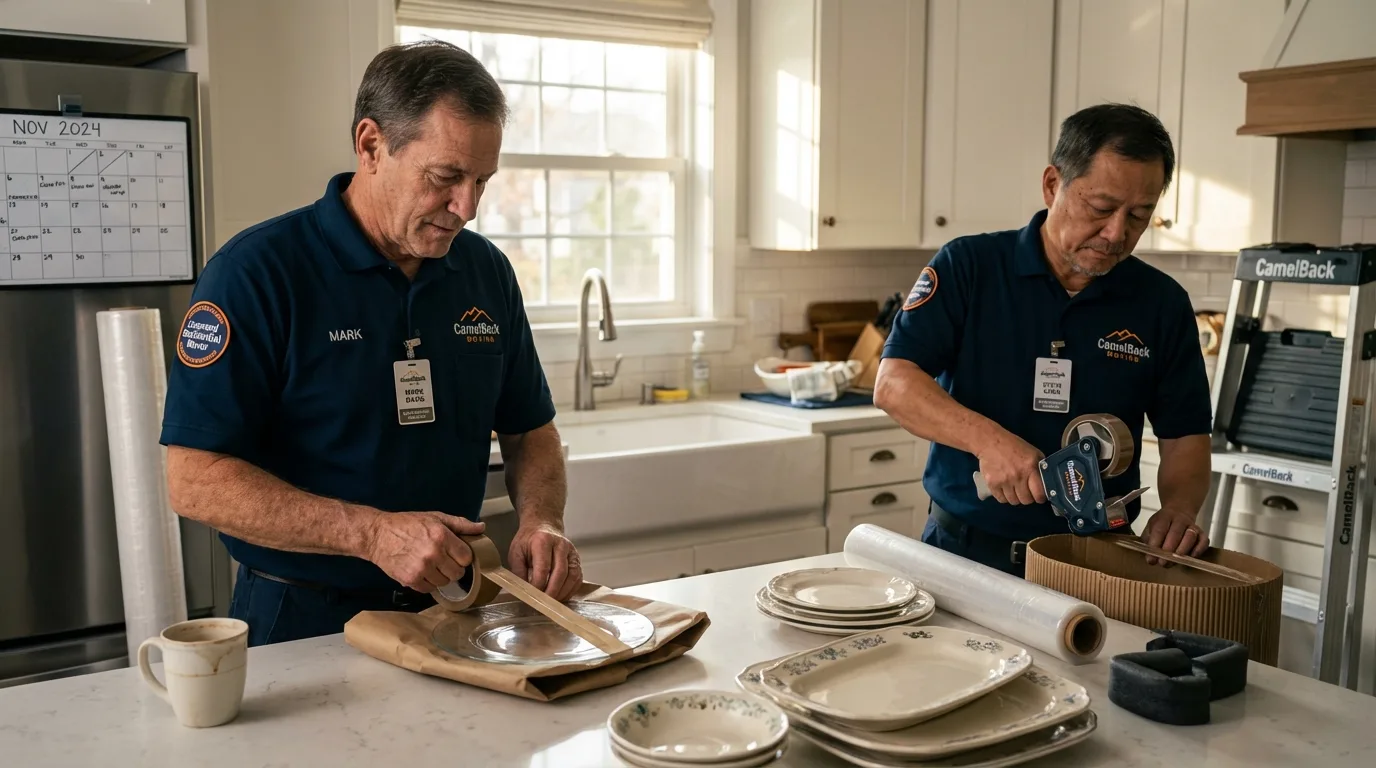 Professional crew packing kitchen dishware in Le Roy, NY